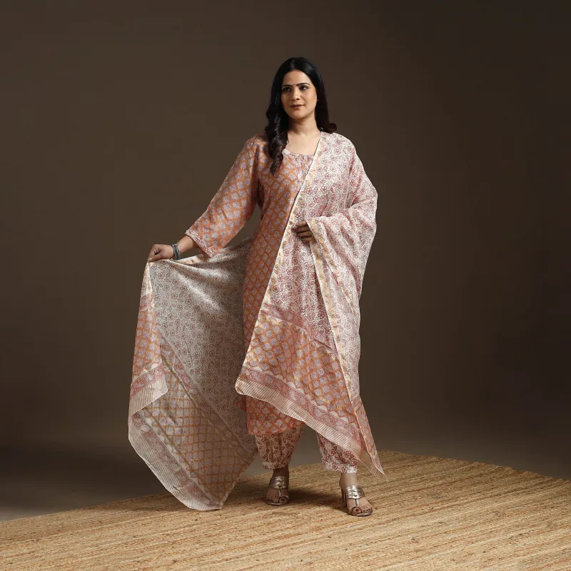 Brown - Chanderi Silk Hand Embroidery Block Print Sanganeri Suit Set with Dupatta for women 12 made by Itokri