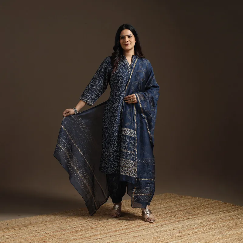 Blue - Chanderi Silk Block Print Sanganeri Suit Set with Dupatta for women 13 sold by Itokri