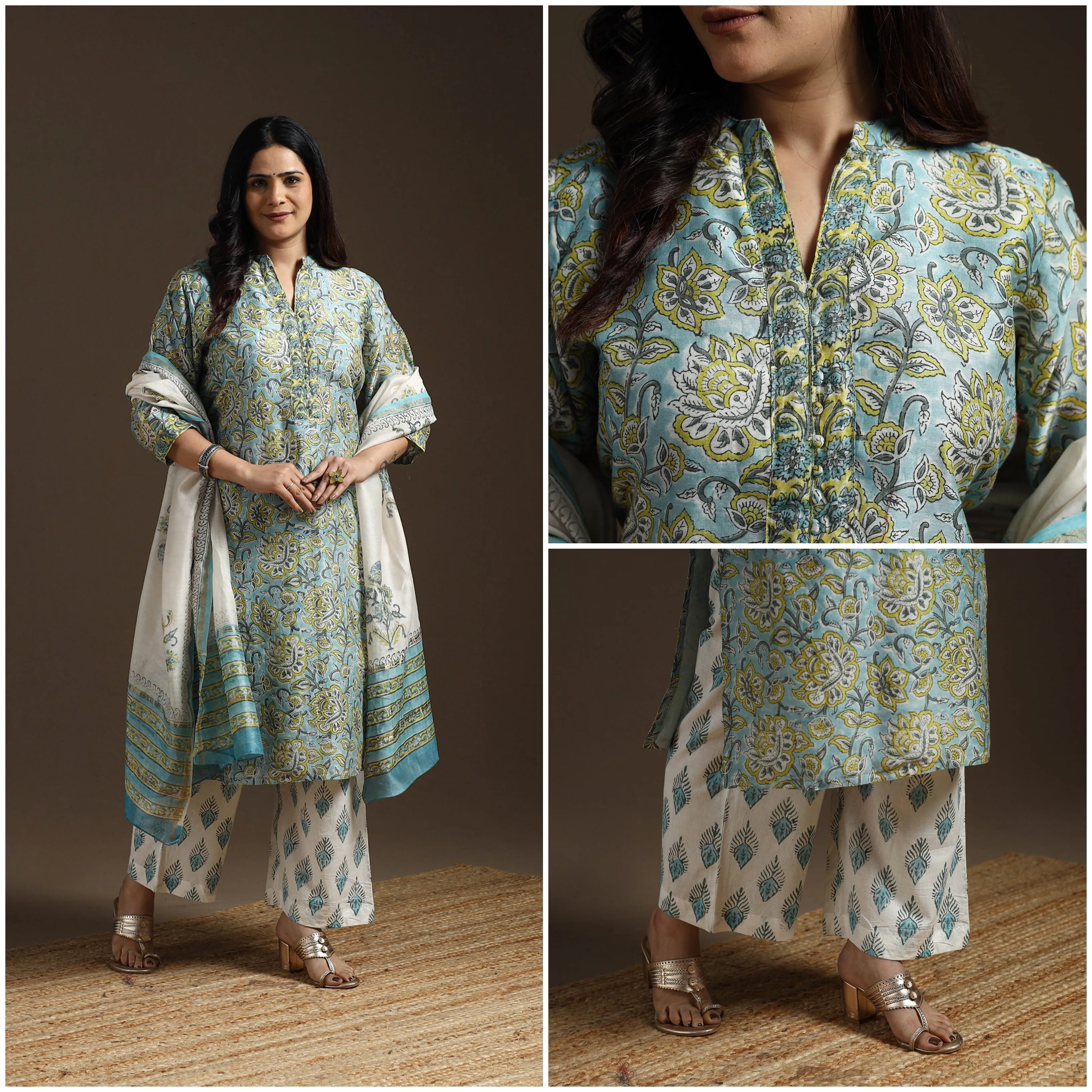 Blue - Chanderi Silk Block Print Sanganeri Suit Set with Dupatta for women 05 sold by Itokri product image thumbnail 3