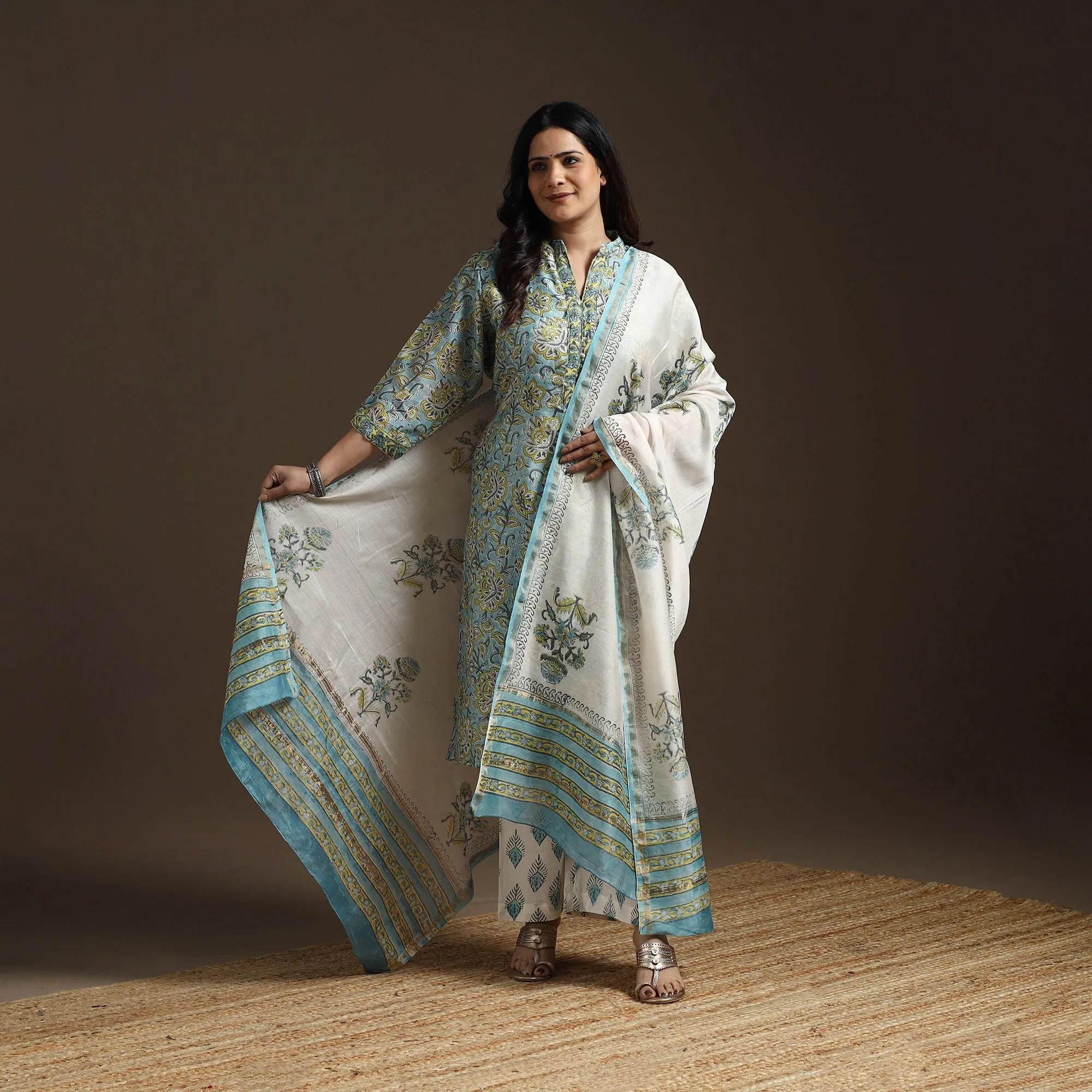 Blue - Chanderi Silk Block Print Sanganeri Suit Set with Dupatta for women 05 sold by Itokri