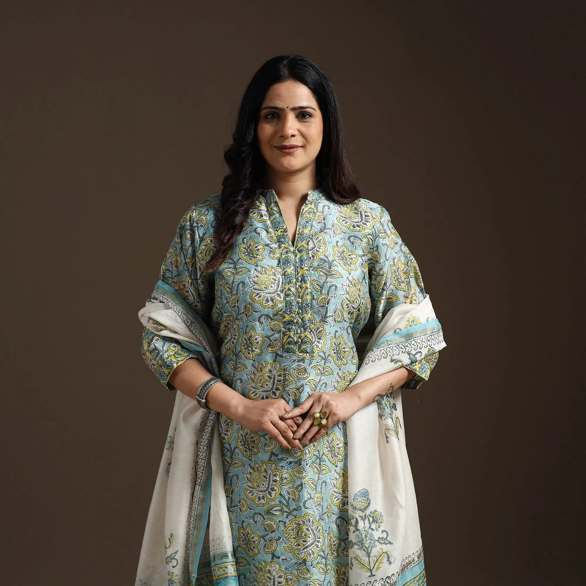 Blue - Chanderi Silk Block Print Sanganeri Suit Set with Dupatta for women 05 sold by Itokri product image thumbnail 2