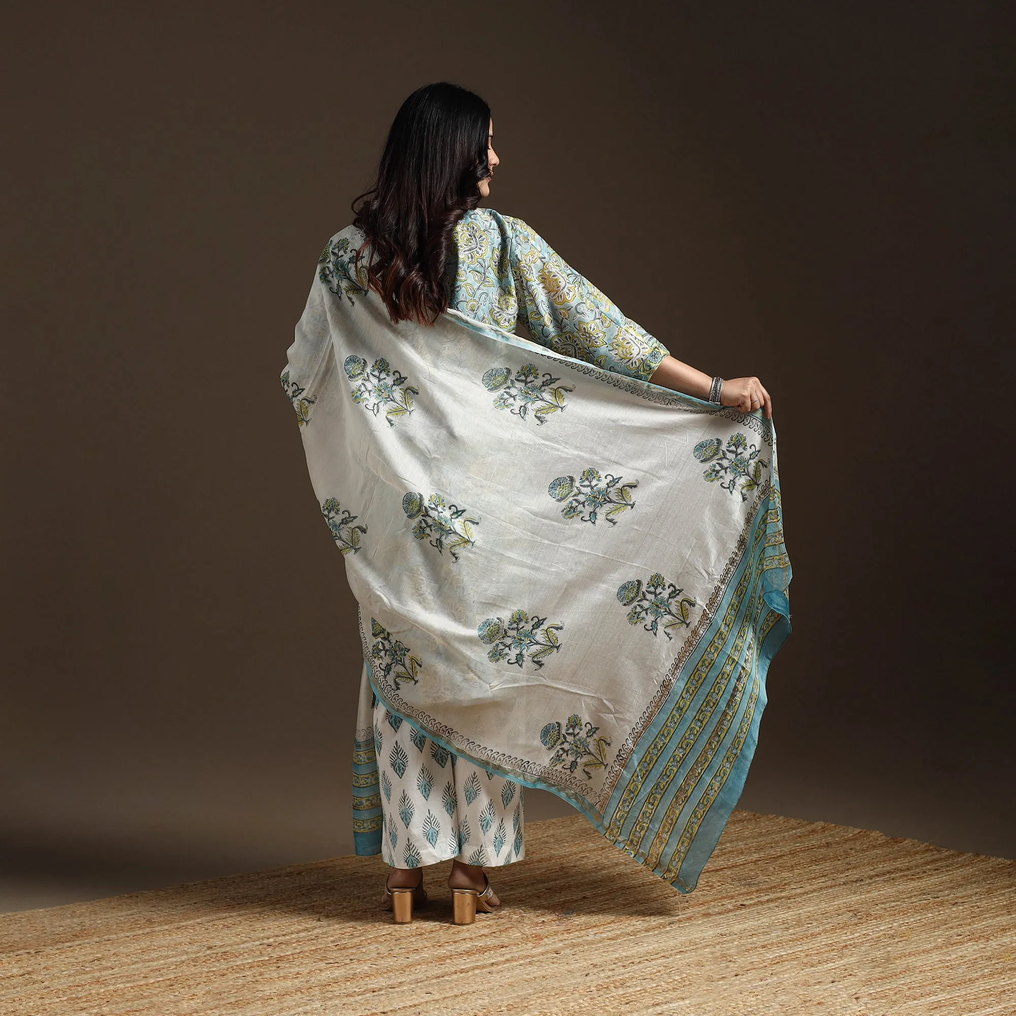 Blue - Chanderi Silk Block Print Sanganeri Suit Set with Dupatta for women 05 sold by Itokri product image thumbnail 4