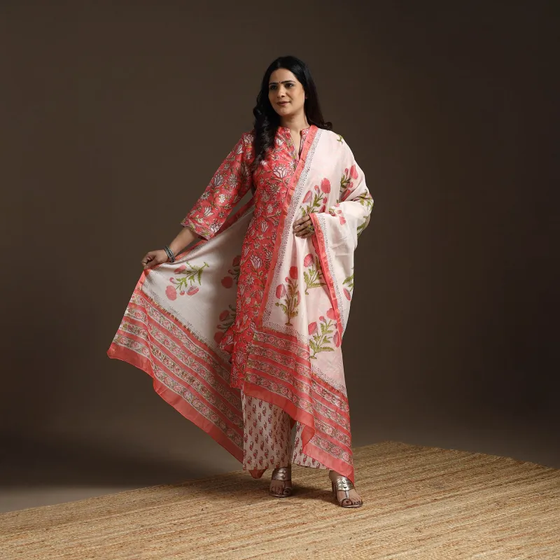 Pink - Chanderi Silk Block Print Sanganeri Suit Set with Dupatta for women 03 sold by Itokri