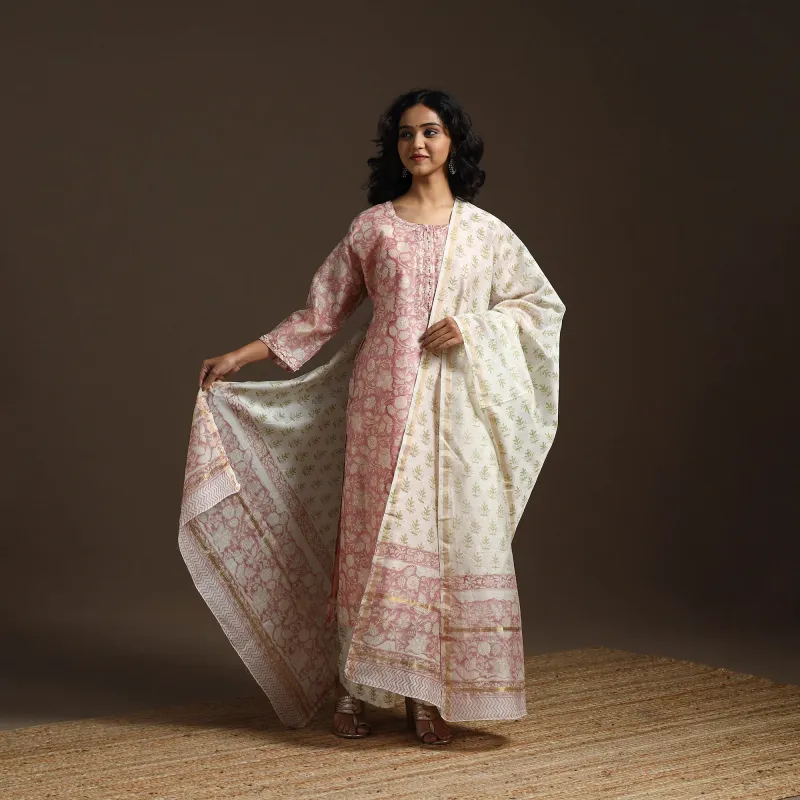 Pink - Chanderi Silk Hand Embroidery Block Print Sanganeri Suit Set with Dupatta for women 02 made by Itokri