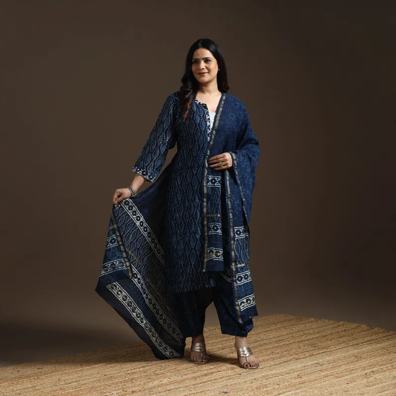 Blue - Chanderi Silk Hand Embroidery Block Print Indigo Bagru Suit Set with Dupatta for women 14 sold by Itokri