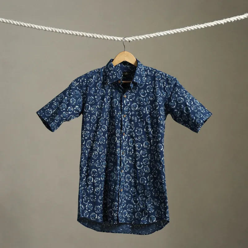 Blue - Block Print Cotton Men Half Sleeve Indigo Bagru Shirt 05 sold by Itokri