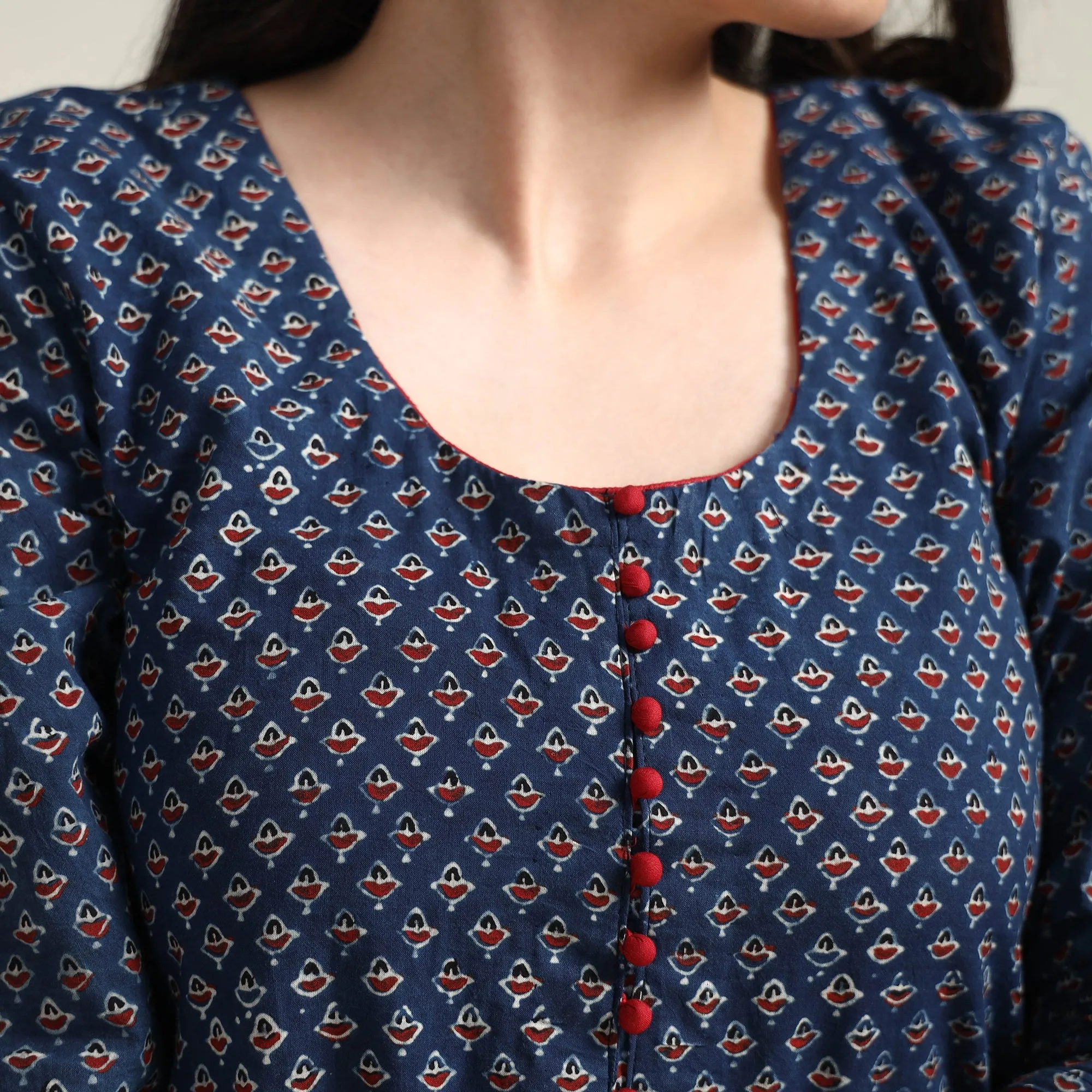 Blue - Ajrakh Block Printed Cotton A-Line Long Kurta sold by Itokri product image thumbnail 4