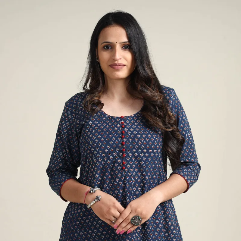 Blue - Ajrakh Block Printed Cotton A-Line Long Kurta sold by Itokri