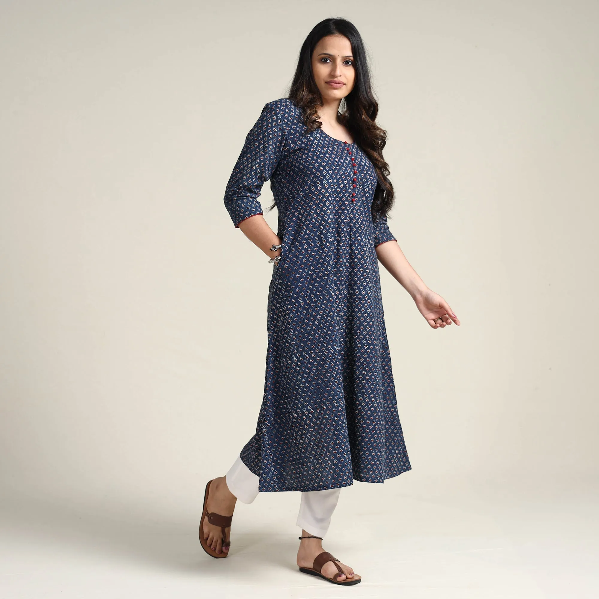 Blue - Ajrakh Block Printed Cotton A-Line Long Kurta sold by Itokri product image thumbnail 3