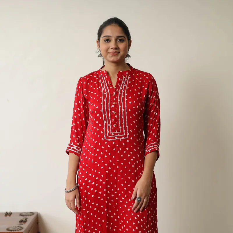 Red - Tie & dye Modal Silk Straight Bandhani Kurta 01 made by Itokri