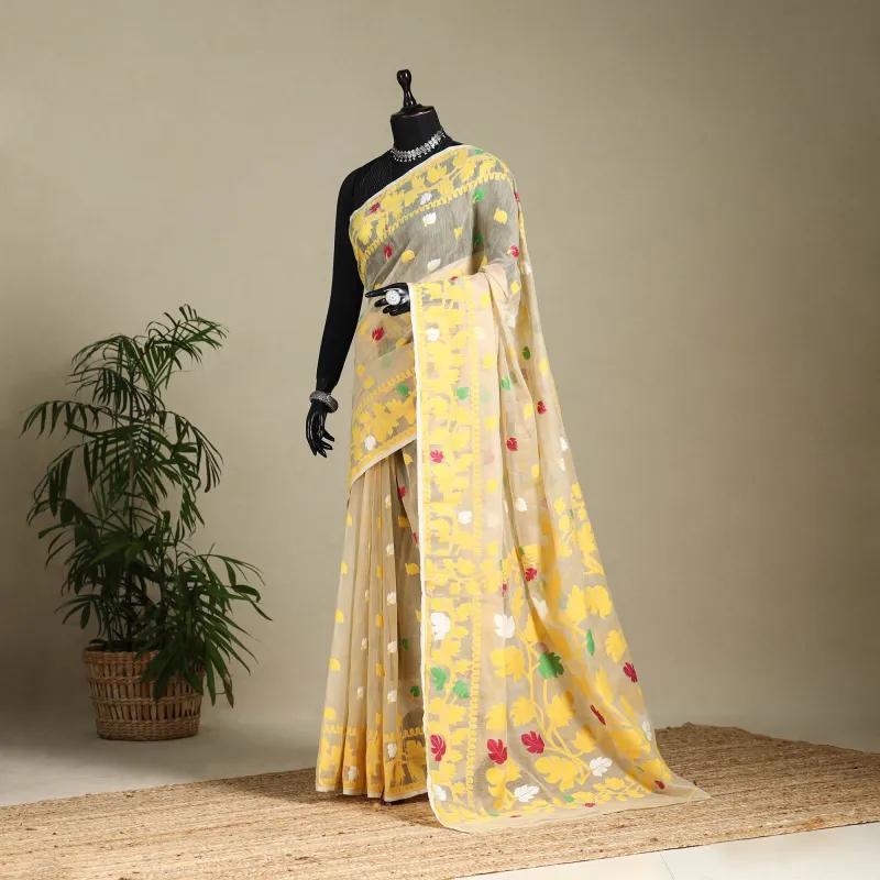 Beige - Silk Cotton Dhakai Jamdani Saree 04 made by Itokri