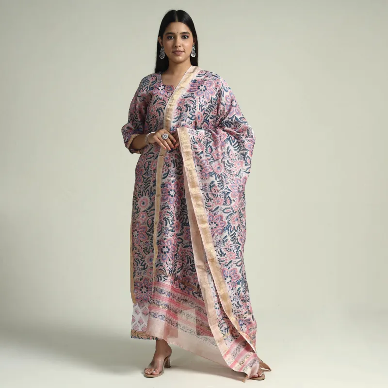 Pink - Sanganeri Block Printed Maheshwari Silk Kurta with Palazzo & Dupatta Set sold by Itokri