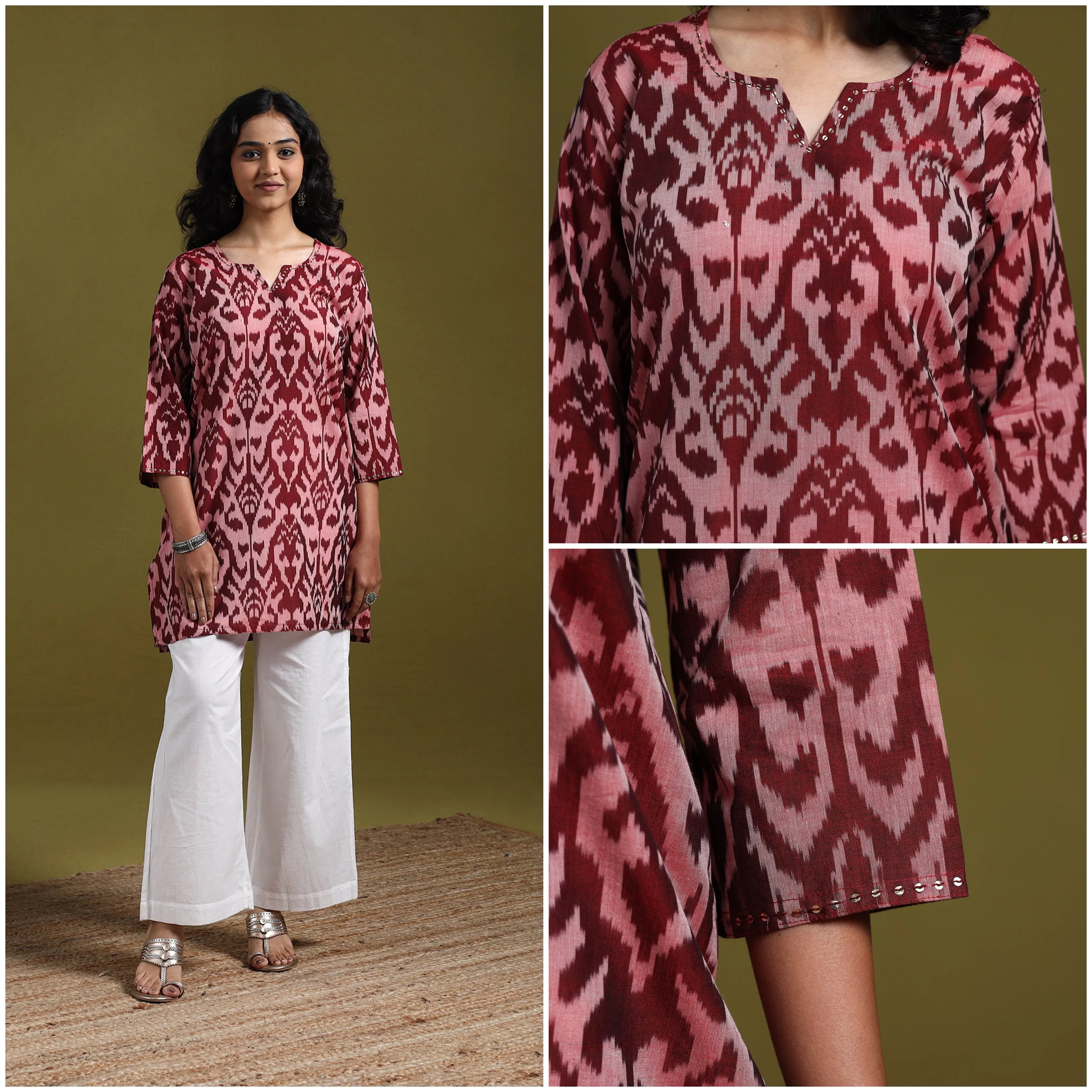 Maroon - Handloom Embroidered Mercerised Cotton Short Pochampally Ikat Kurta for women 19 sold by Itokri product image thumbnail 3