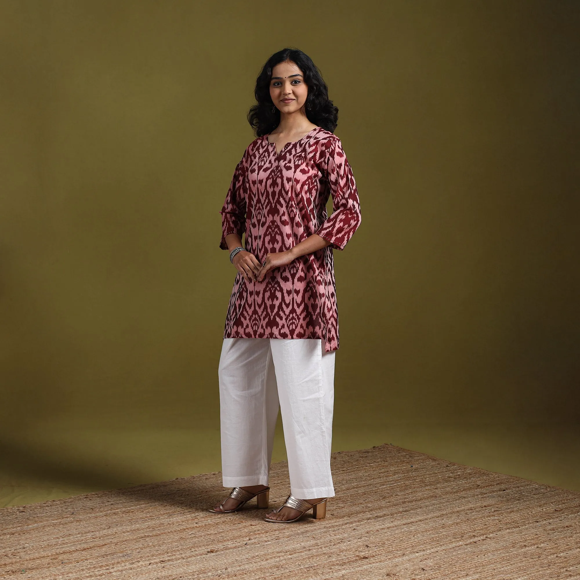 Maroon - Handloom Embroidered Mercerised Cotton Short Pochampally Ikat Kurta for women 19 sold by Itokri