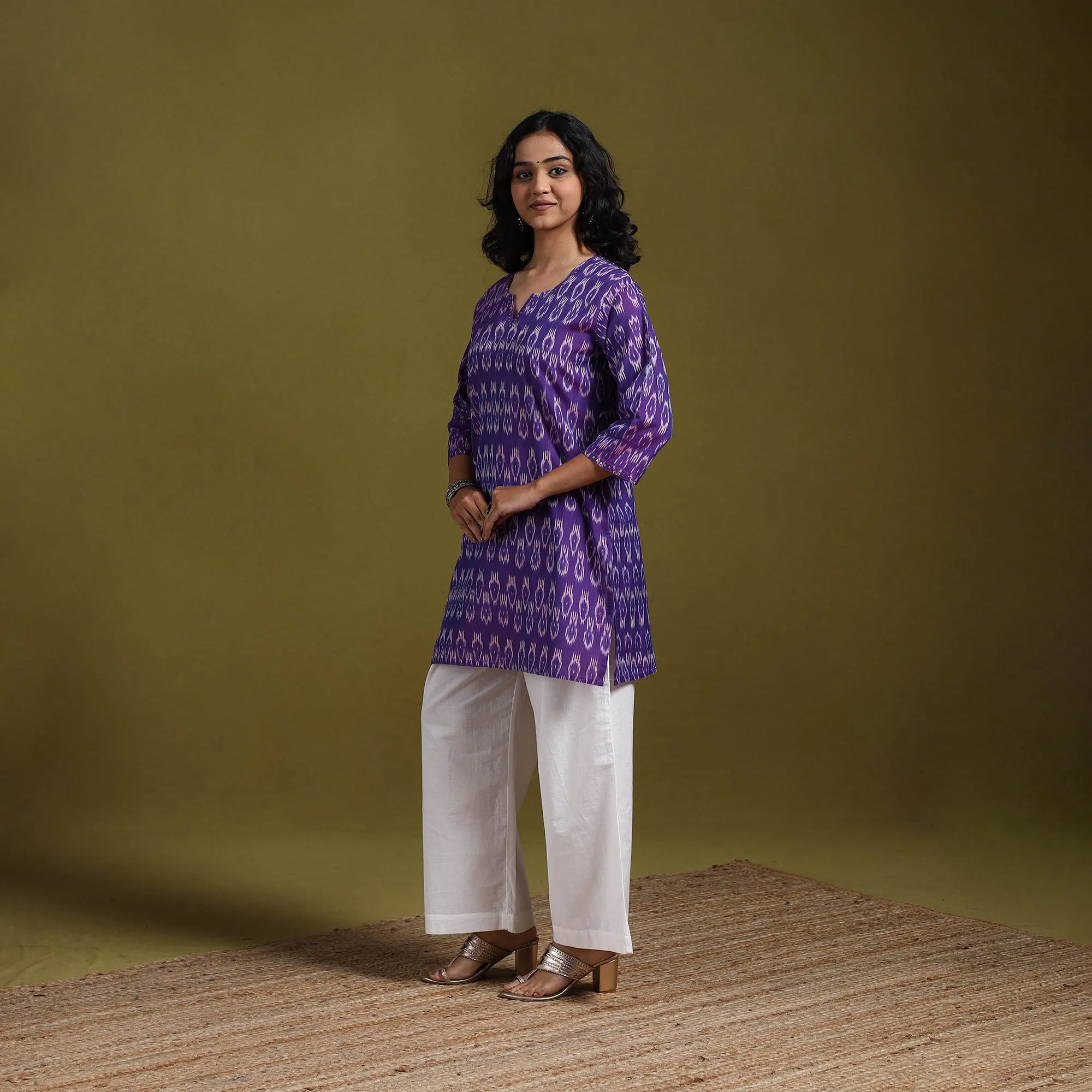 Purple - Handloom Embroidered Mercerised Cotton Short Pochampally Ikat Kurta for women 18 sold by Itokri