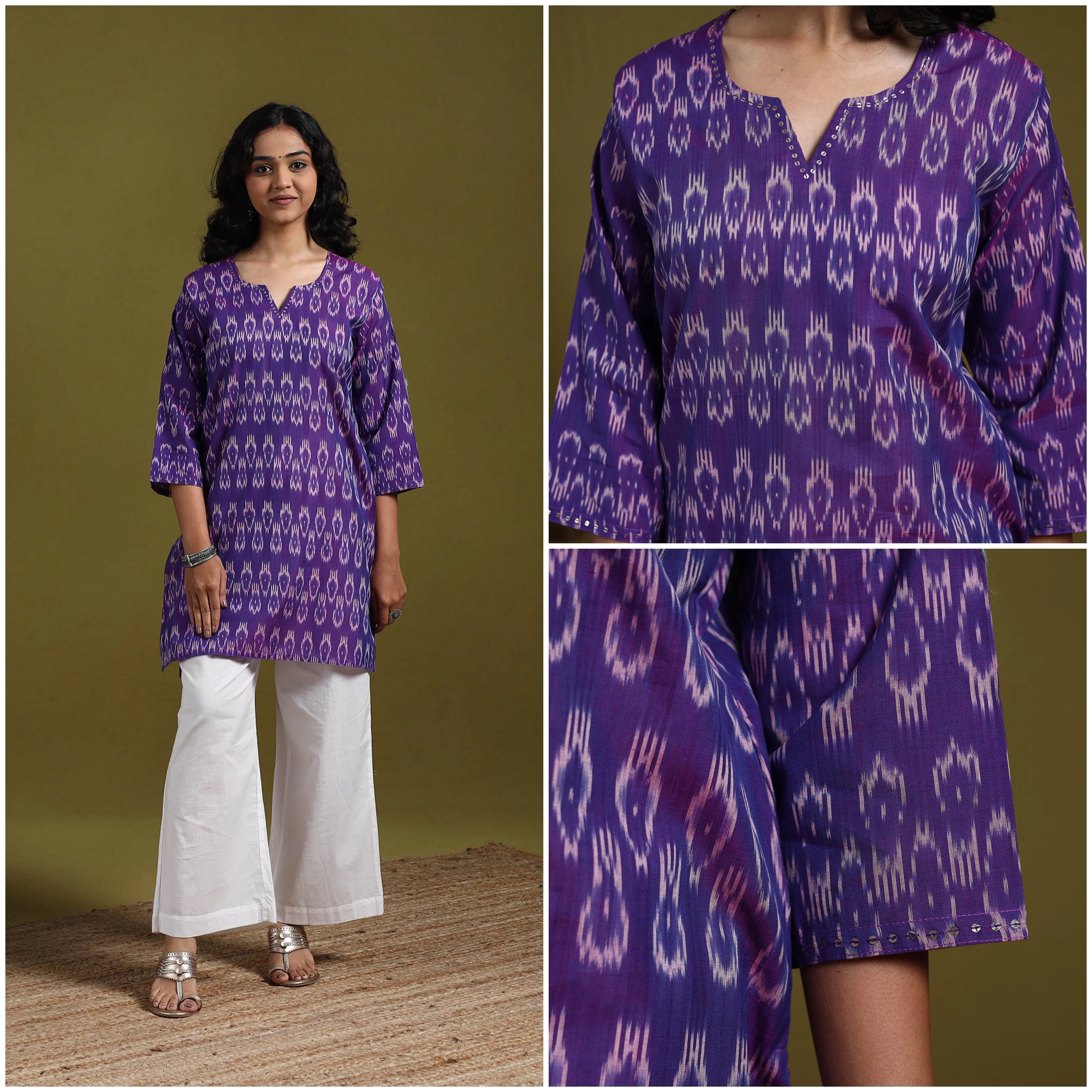 Purple - Handloom Embroidered Mercerised Cotton Short Pochampally Ikat Kurta for women 18 sold by Itokri product image thumbnail 3