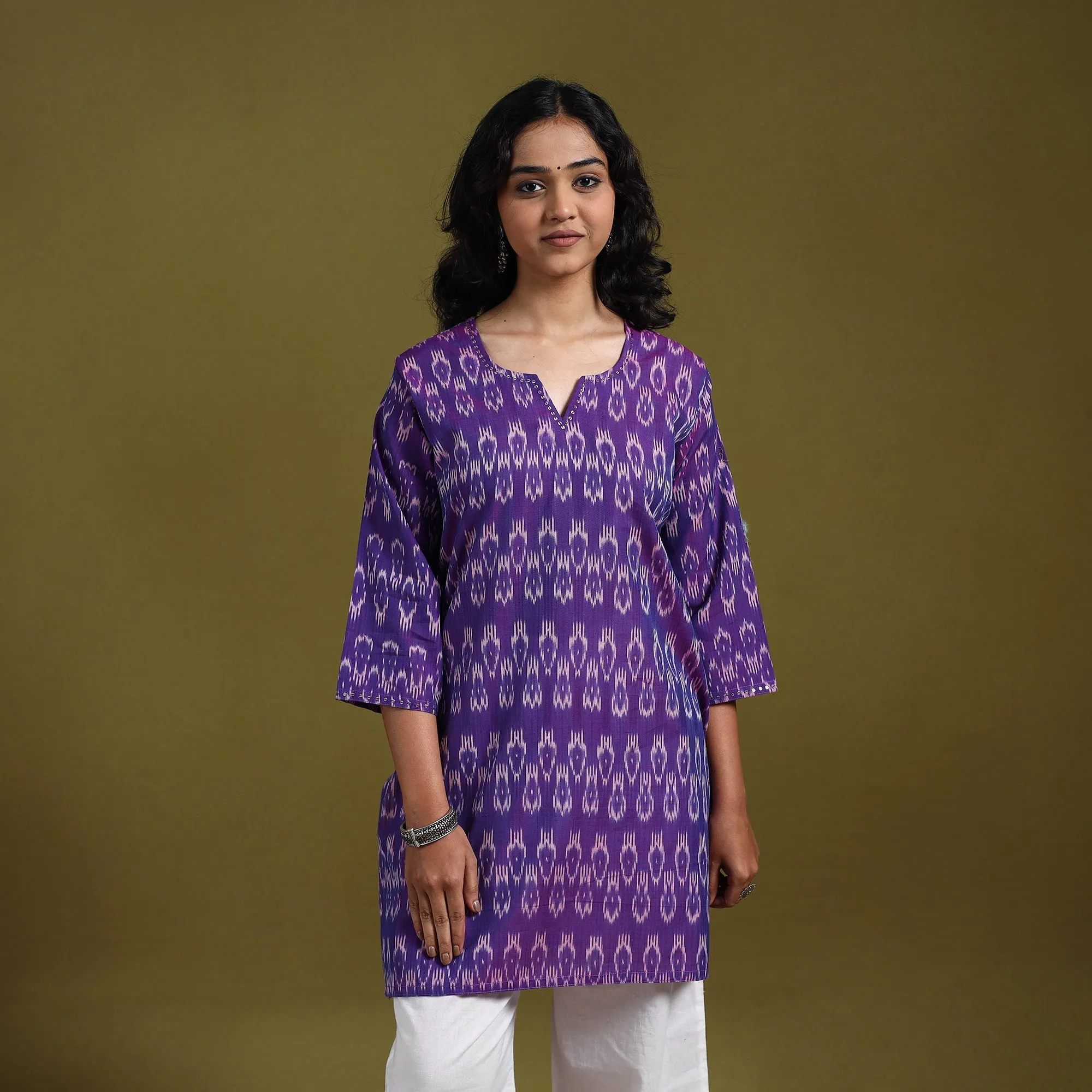 Purple - Handloom Embroidered Mercerised Cotton Short Pochampally Ikat Kurta for women 18 sold by Itokri product image thumbnail 2