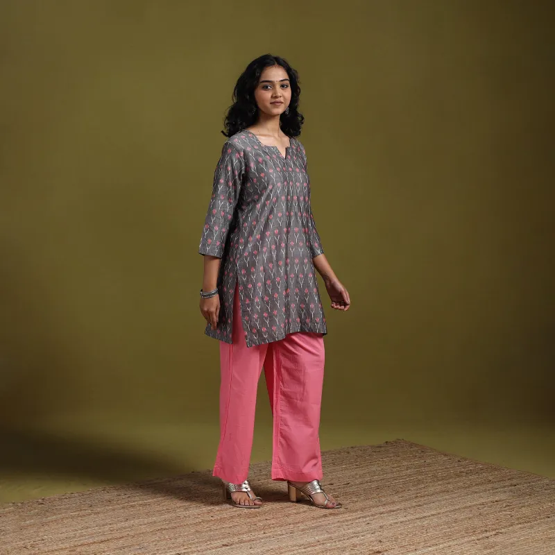 Grey - Handloom Embroidered Mercerised Cotton Short Pochampally Ikat Kurta for women 17 sold by Itokri