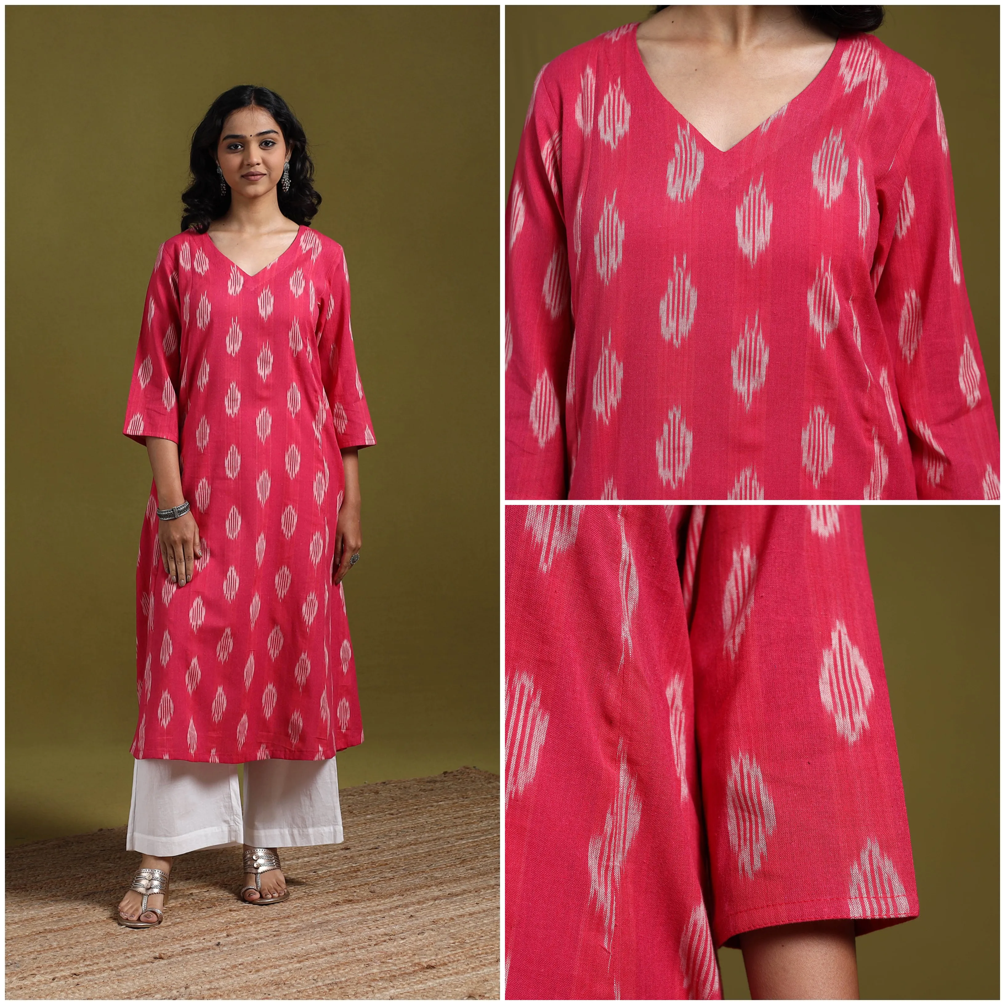 Pink - Cotton A-Line Pochampally Ikat Kurta for women 22 sold by Itokri product image thumbnail 3