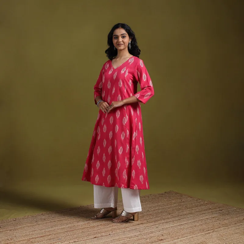 Pink - Cotton A-Line Pochampally Ikat Kurta for women 22 sold by Itokri
