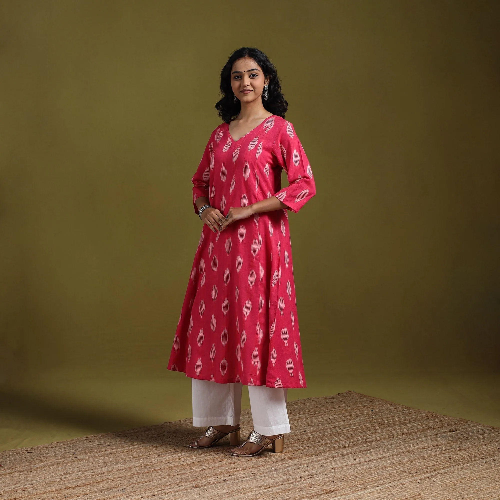 Pink - Cotton A-Line Pochampally Ikat Kurta for women 22 sold by Itokri