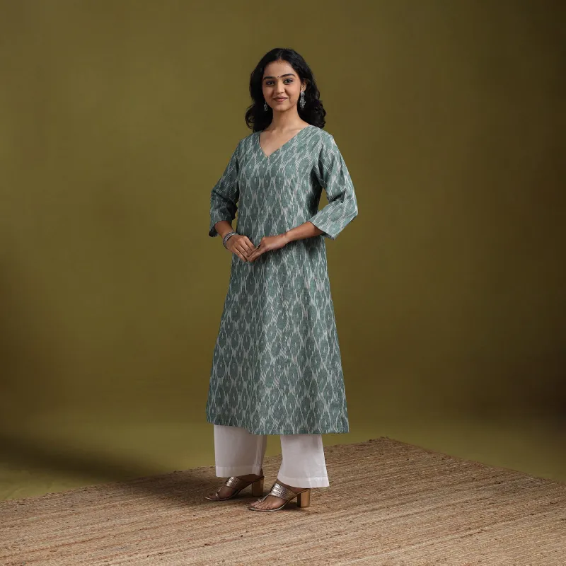 Green - Cotton A-Line Pochampally Ikat Kurta for women 21 sold by Itokri