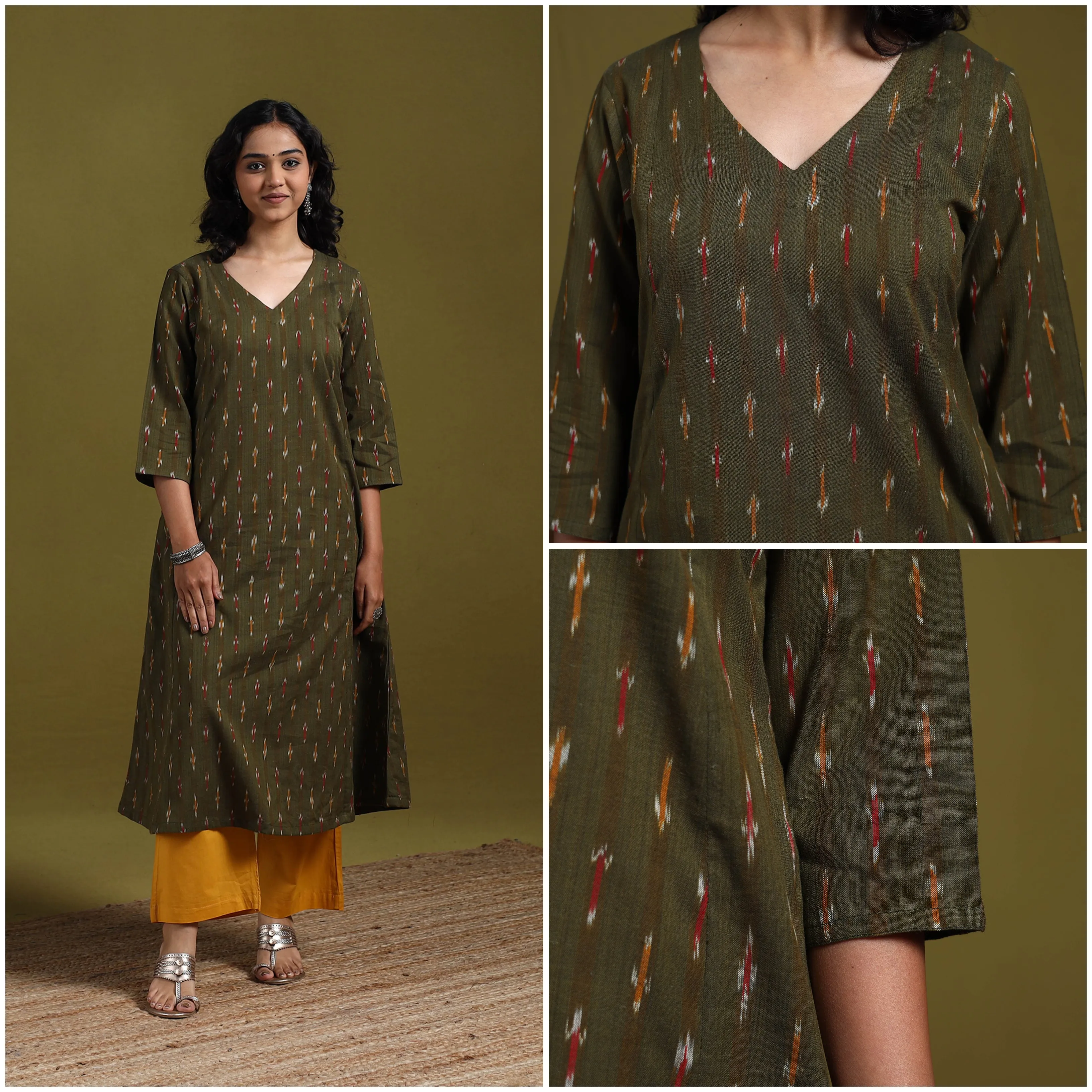 Green - Cotton A-Line Pochampally Ikat Kurta for women 25 sold by Itokri product image thumbnail 3