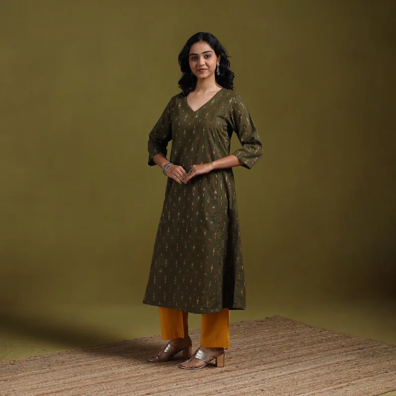 Green - Cotton A-Line Pochampally Ikat Kurta for women 25 made by Itokri