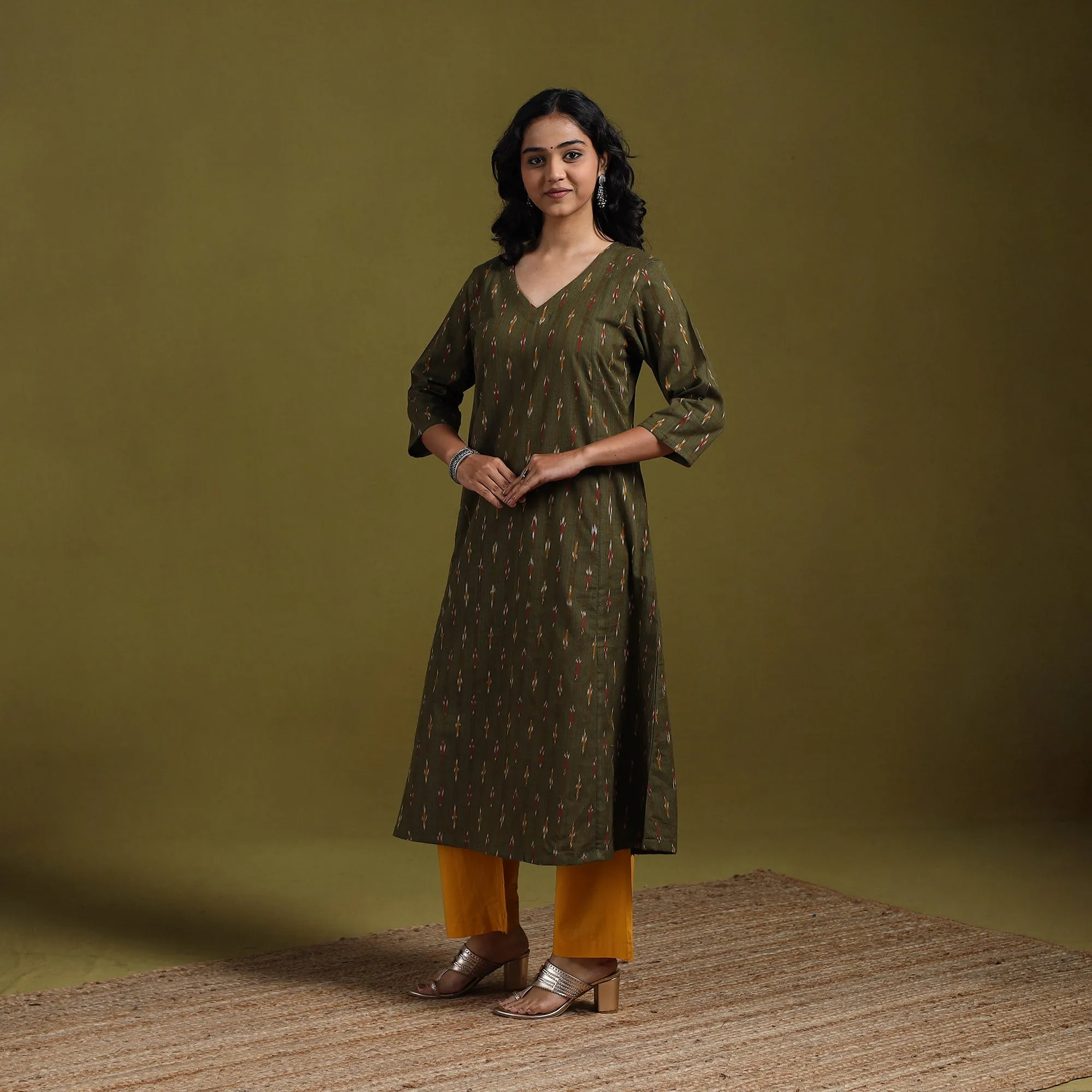 Green - Cotton A-Line Pochampally Ikat Kurta for women 25 sold by Itokri