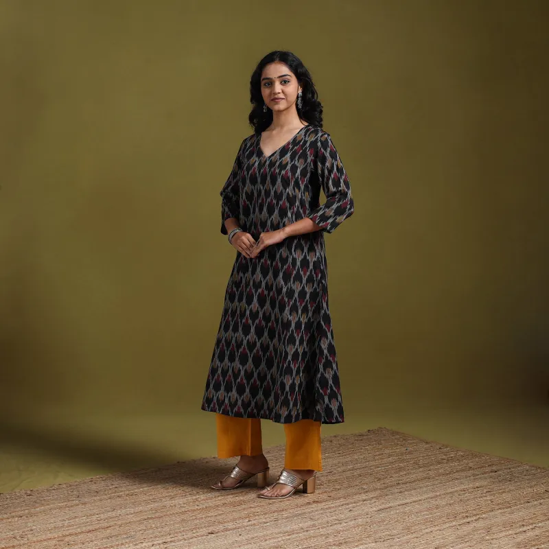 Black - Cotton A-Line Pochampally Ikat Kurta for women 24 sold by Itokri