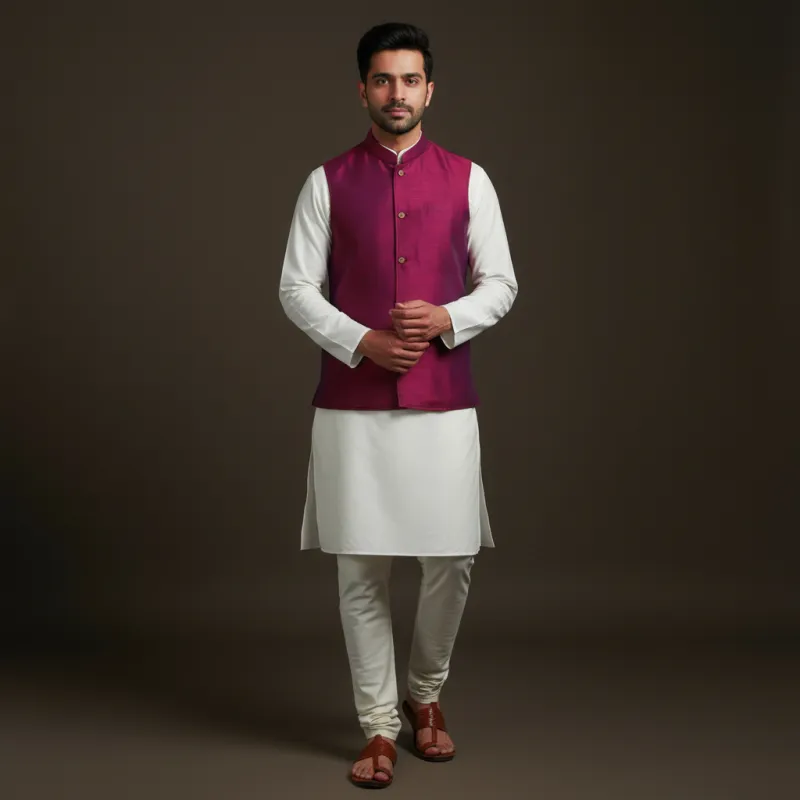 Pink - Slub Silk Men Plain Nehru Jacket 09 sold by Itokri