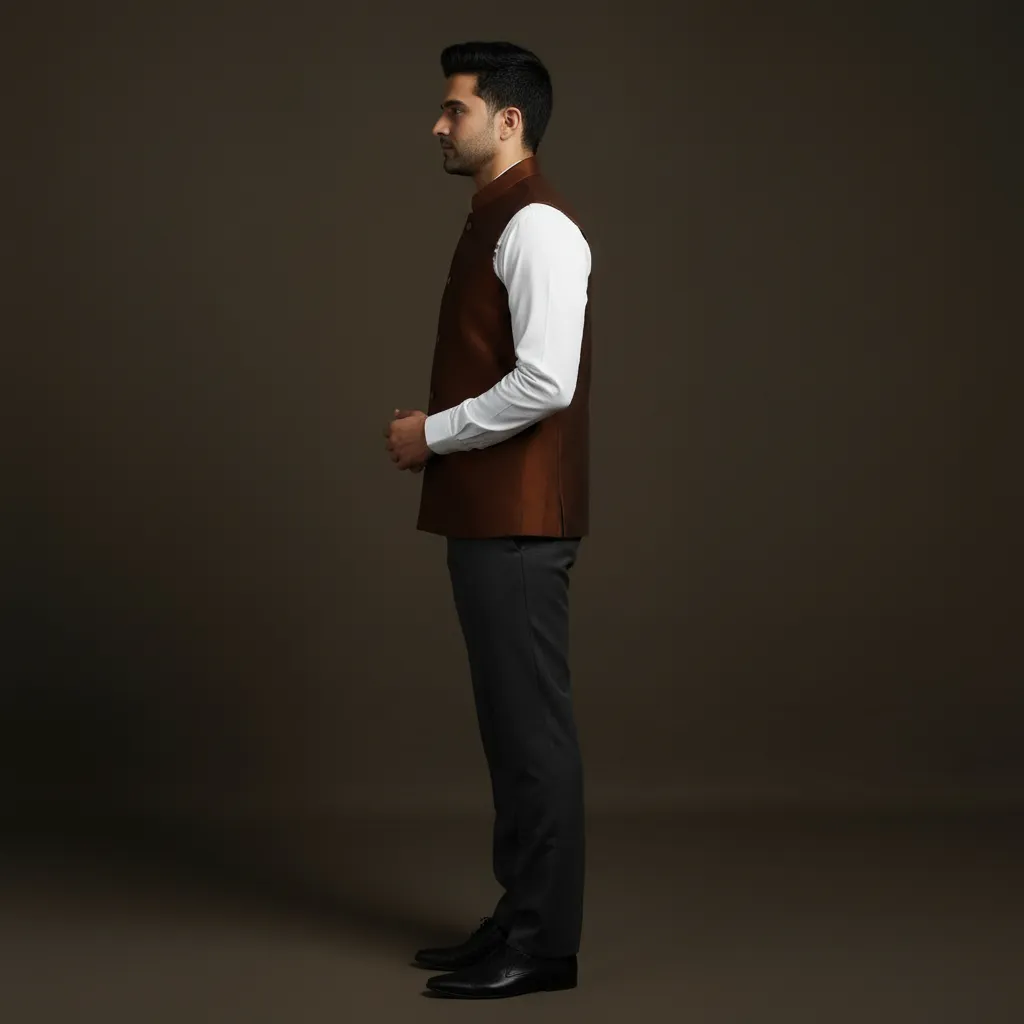 Brown - Slub Silk Men Plain Nehru Jacket 07 sold by Itokri product image thumbnail 3