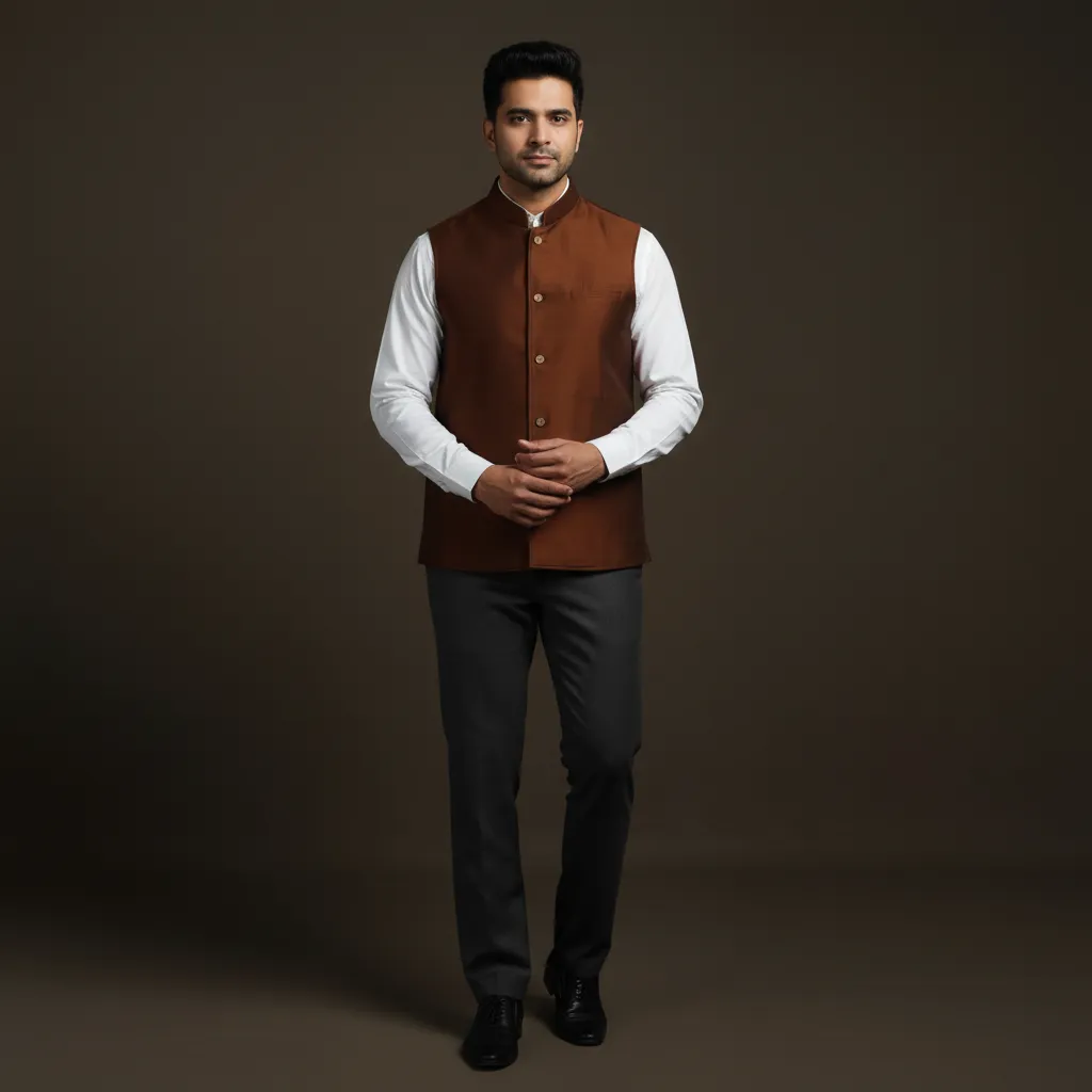 Brown - Slub Silk Men Plain Nehru Jacket 07 sold by Itokri