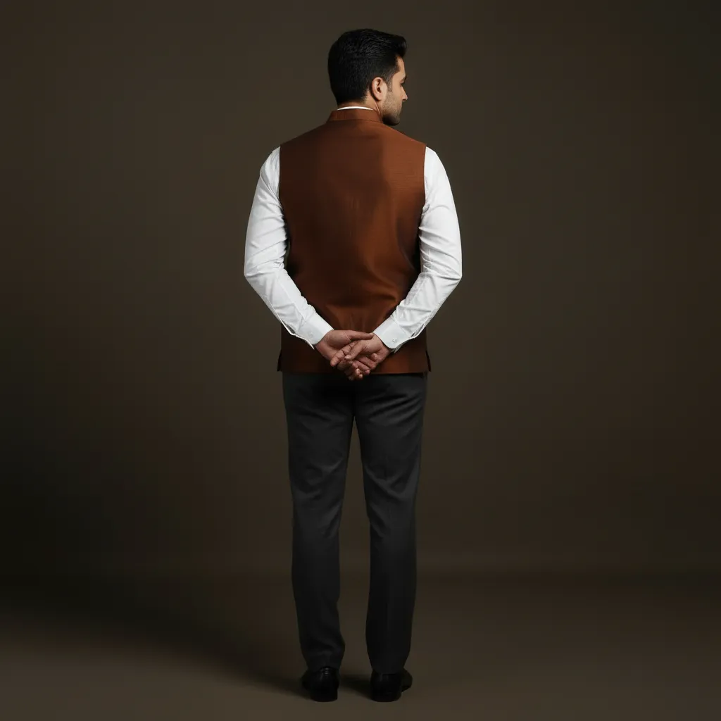 Brown - Slub Silk Men Plain Nehru Jacket 07 sold by Itokri product image thumbnail 4