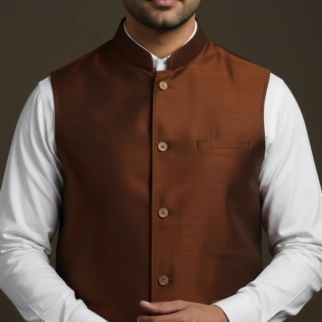 Brown - Slub Silk Men Plain Nehru Jacket 07 sold by Itokri product image thumbnail 2