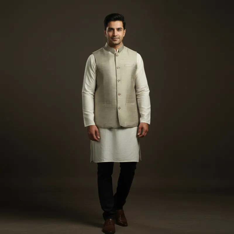 Brown - Slub Silk Men Plain Nehru Jacket 06 sold by Itokri