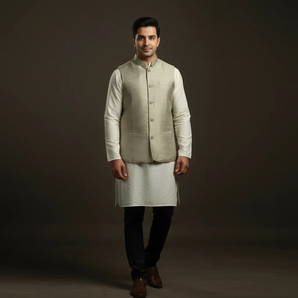 Brown - Slub Silk Men Plain Nehru Jacket 06 sold by Itokri
