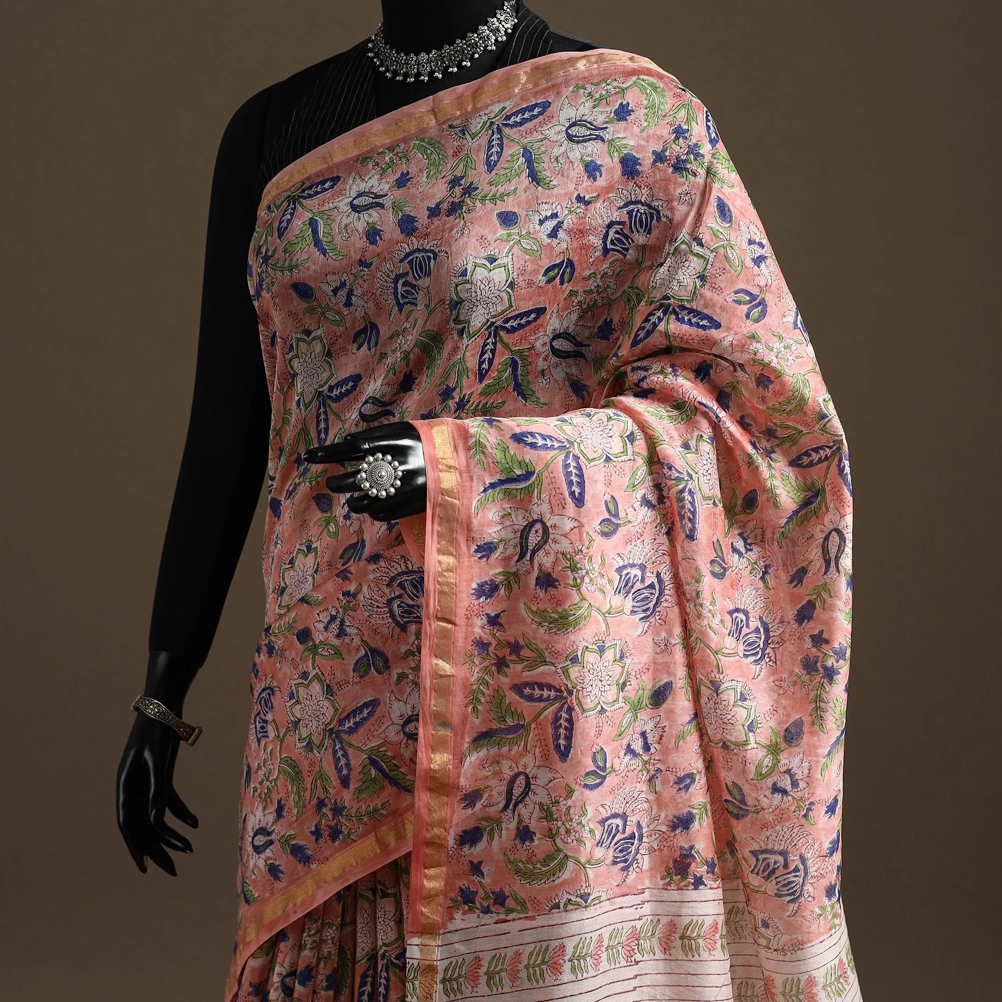 Pink - Chanderi Silk Hand Block Print Sanganeri Saree with Zari Border 05 sold by Itokri product image thumbnail 2
