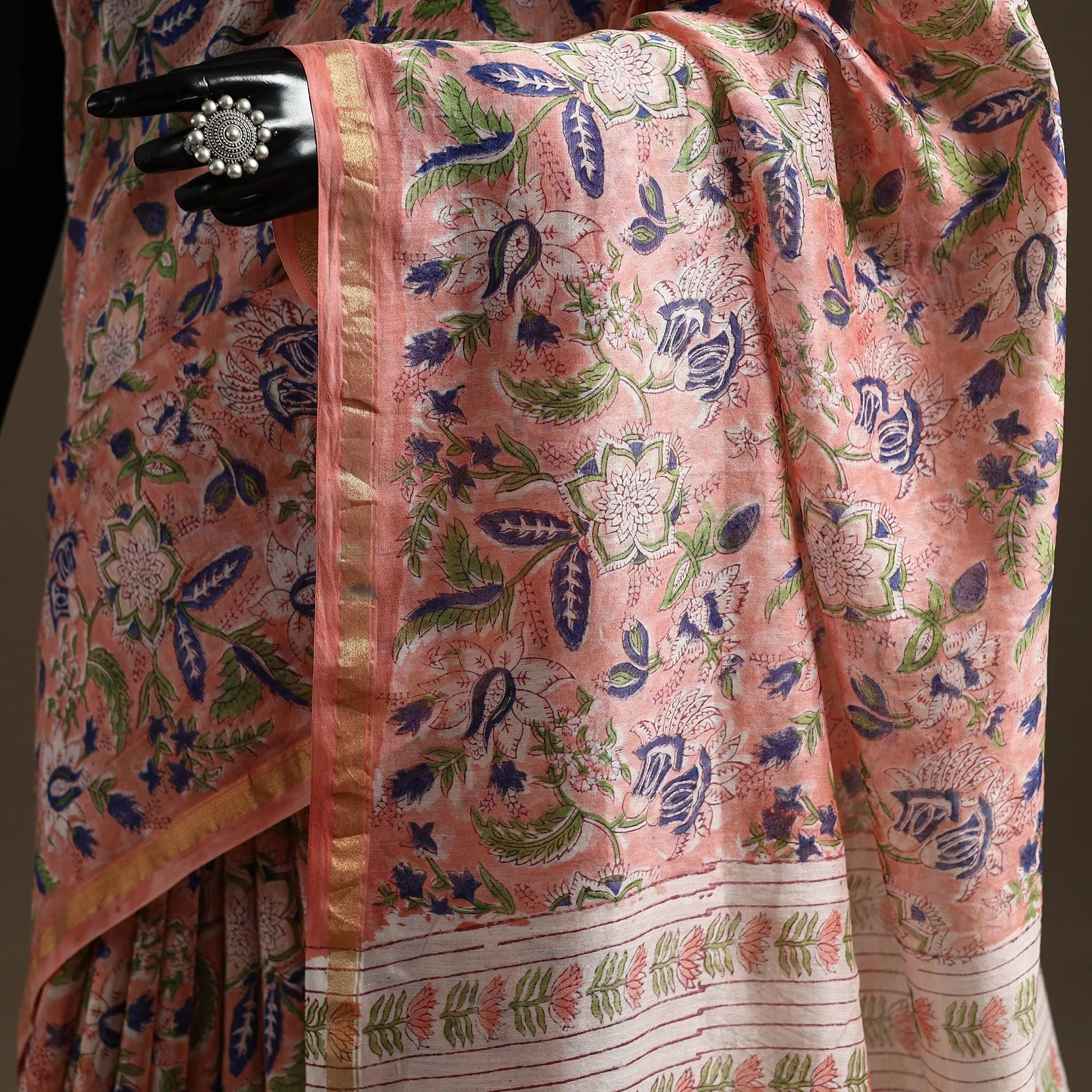 Pink - Chanderi Silk Hand Block Print Sanganeri Saree with Zari Border 05 sold by Itokri product image thumbnail 3
