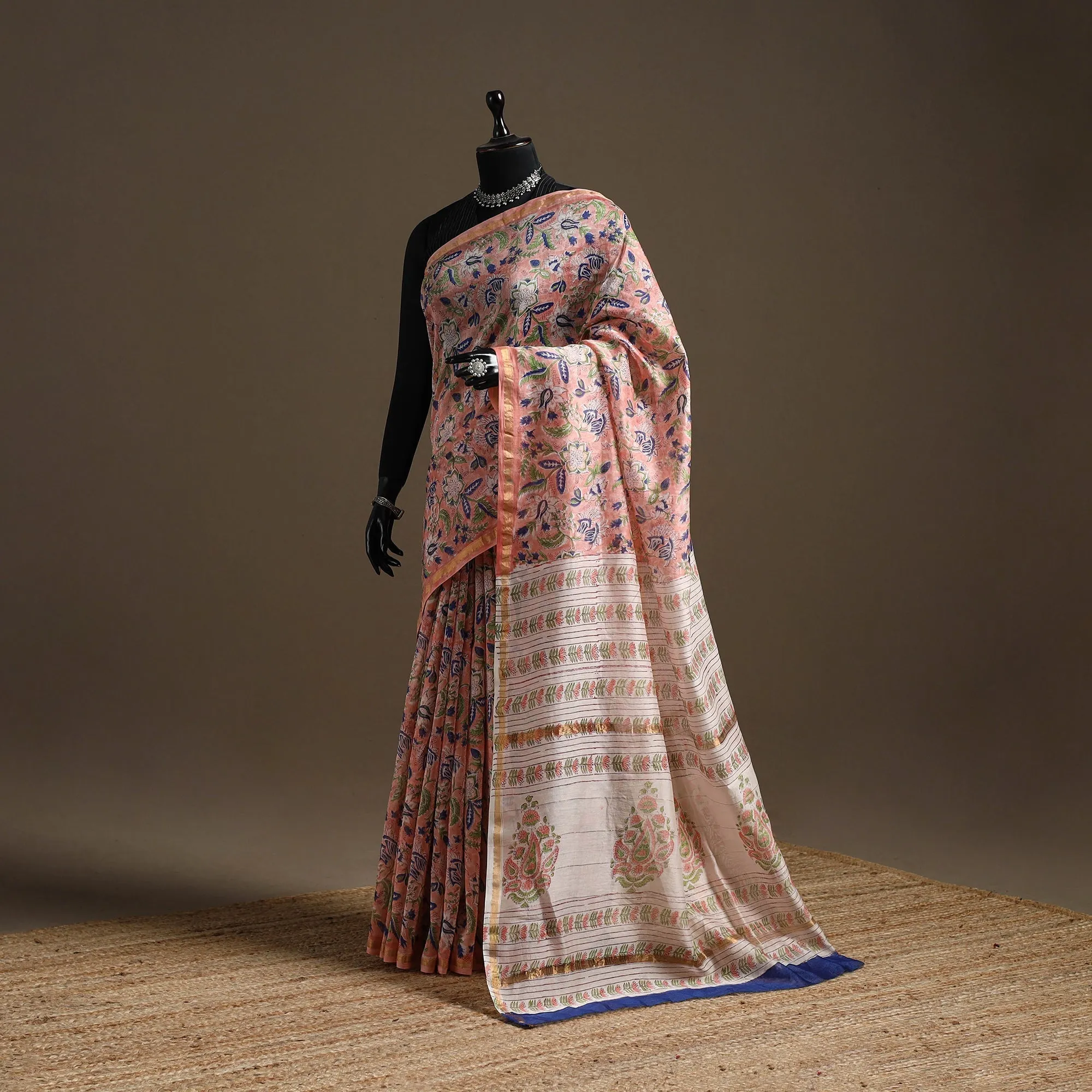 Pink - Chanderi Silk Hand Block Print Sanganeri Saree with Zari Border 05 sold by Itokri