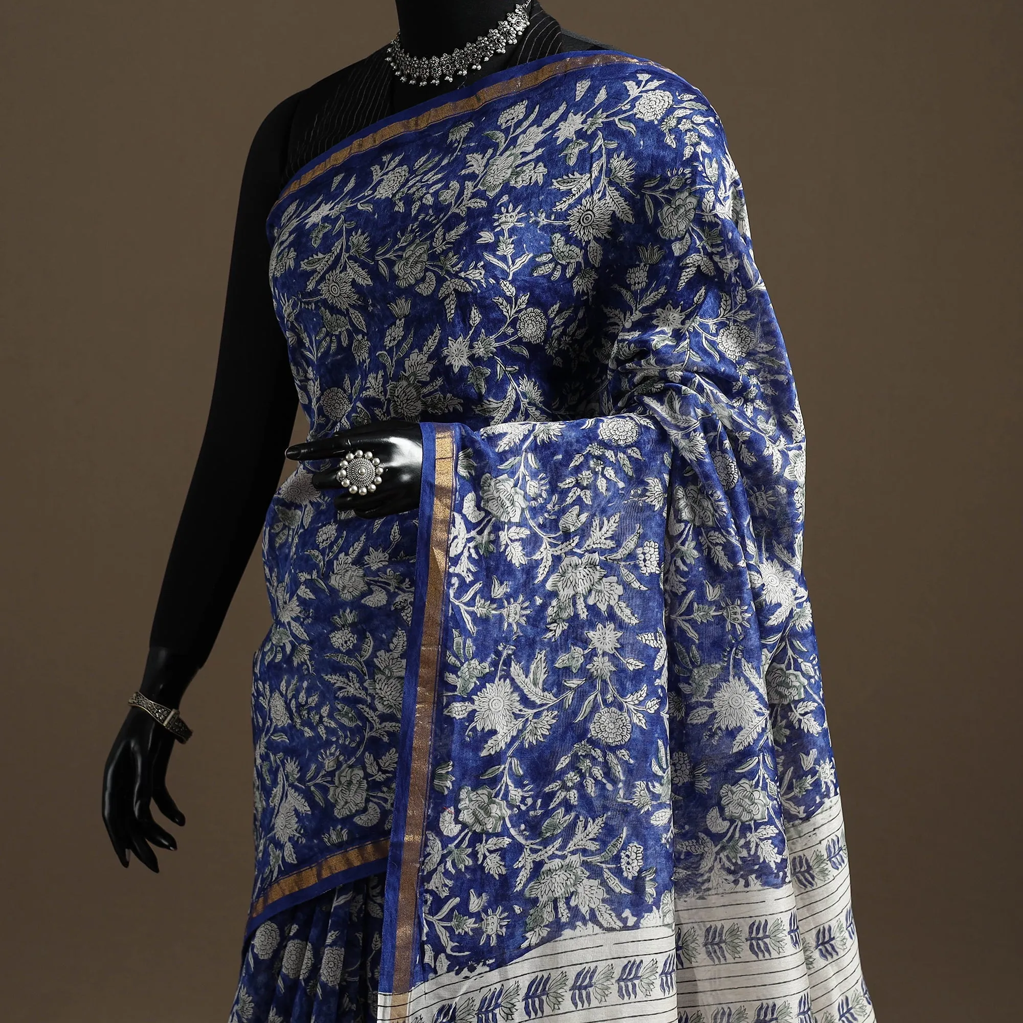 Blue - Chanderi Silk Hand Block Print Sanganeri Saree with Zari Border 04 sold by Itokri product image thumbnail 2