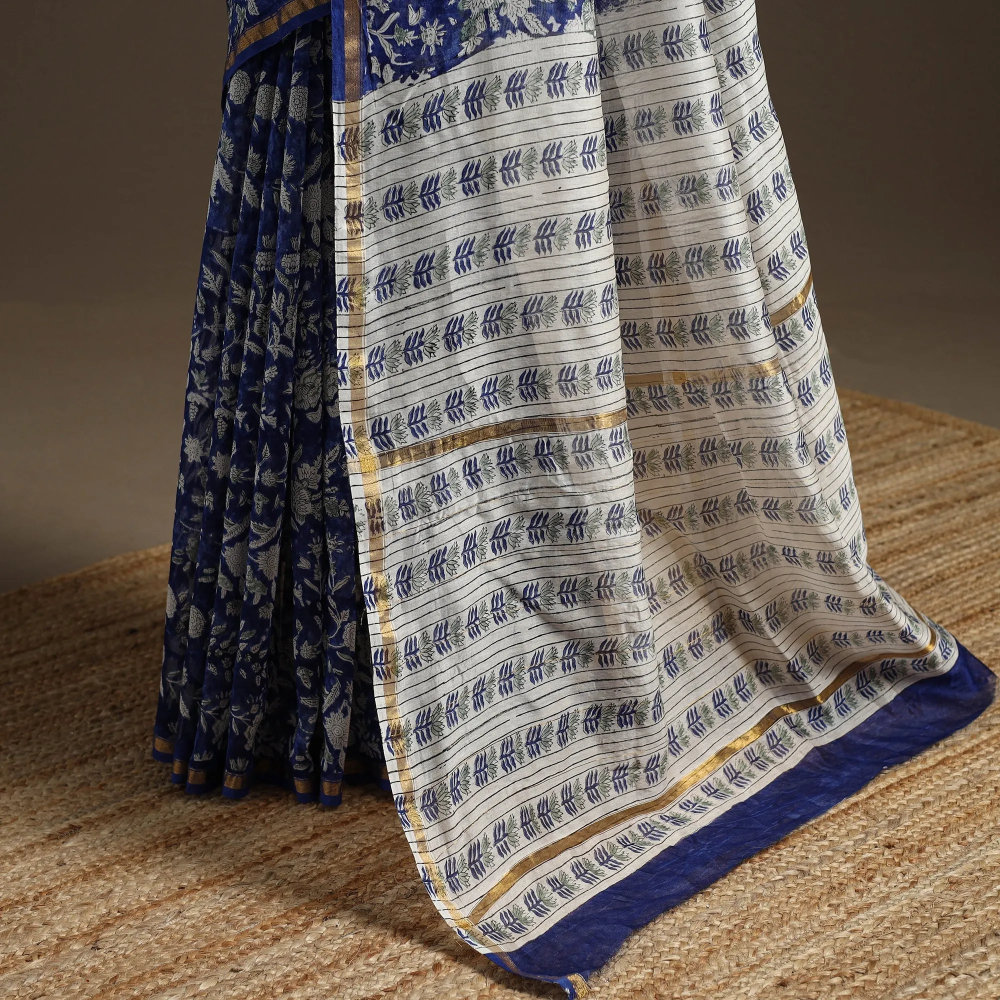 Blue - Chanderi Silk Hand Block Print Sanganeri Saree with Zari Border 04 sold by Itokri product image thumbnail 4