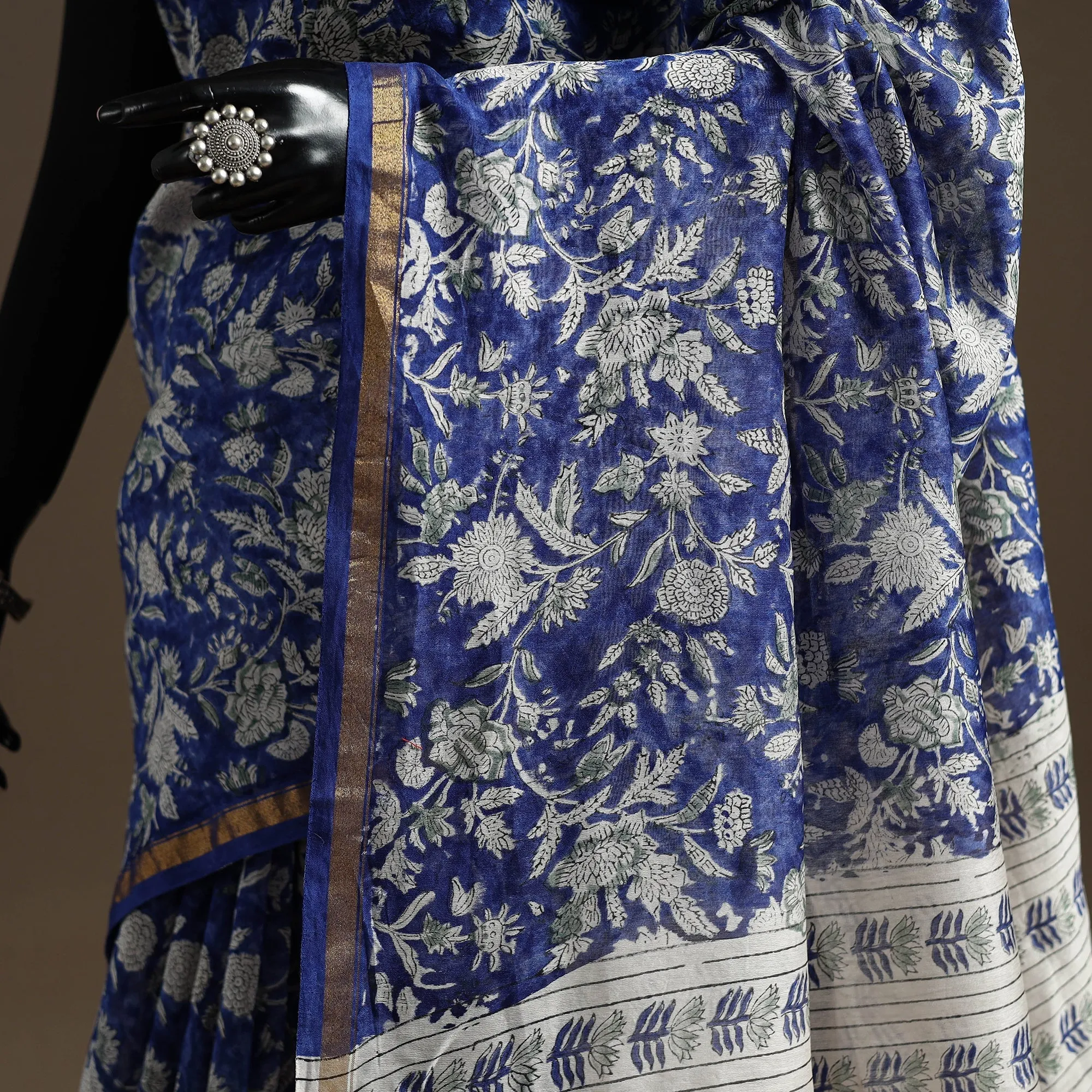 Blue - Chanderi Silk Hand Block Print Sanganeri Saree with Zari Border 04 sold by Itokri product image thumbnail 3
