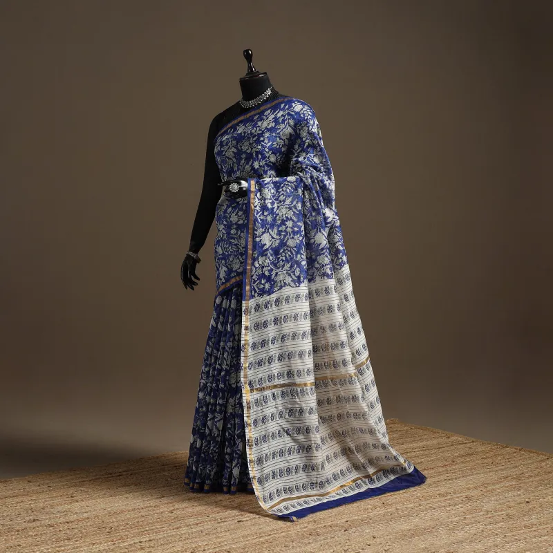 Blue - Chanderi Silk Hand Block Print Sanganeri Saree with Zari Border 04 sold by Itokri