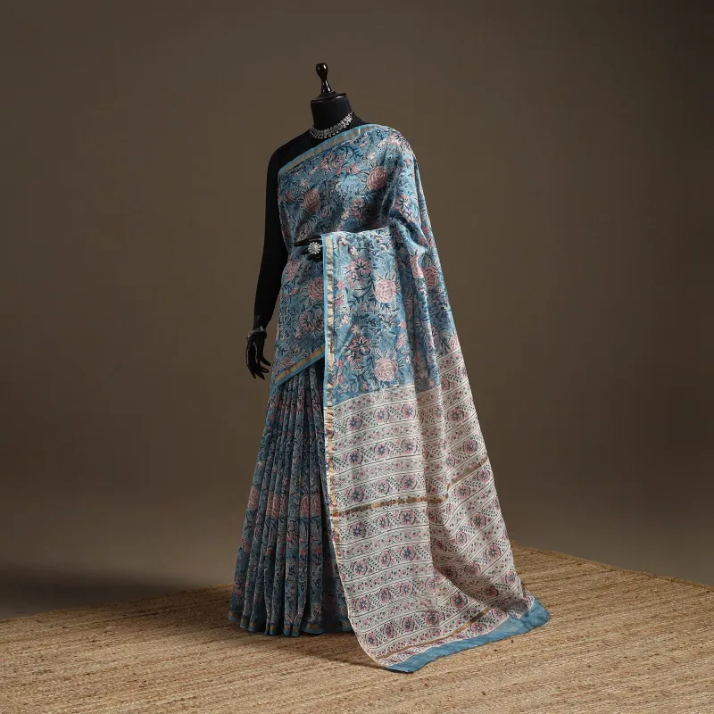 Blue - Chanderi Silk Hand Block Print Sanganeri Saree with Zari Border 02 sold by Itokri