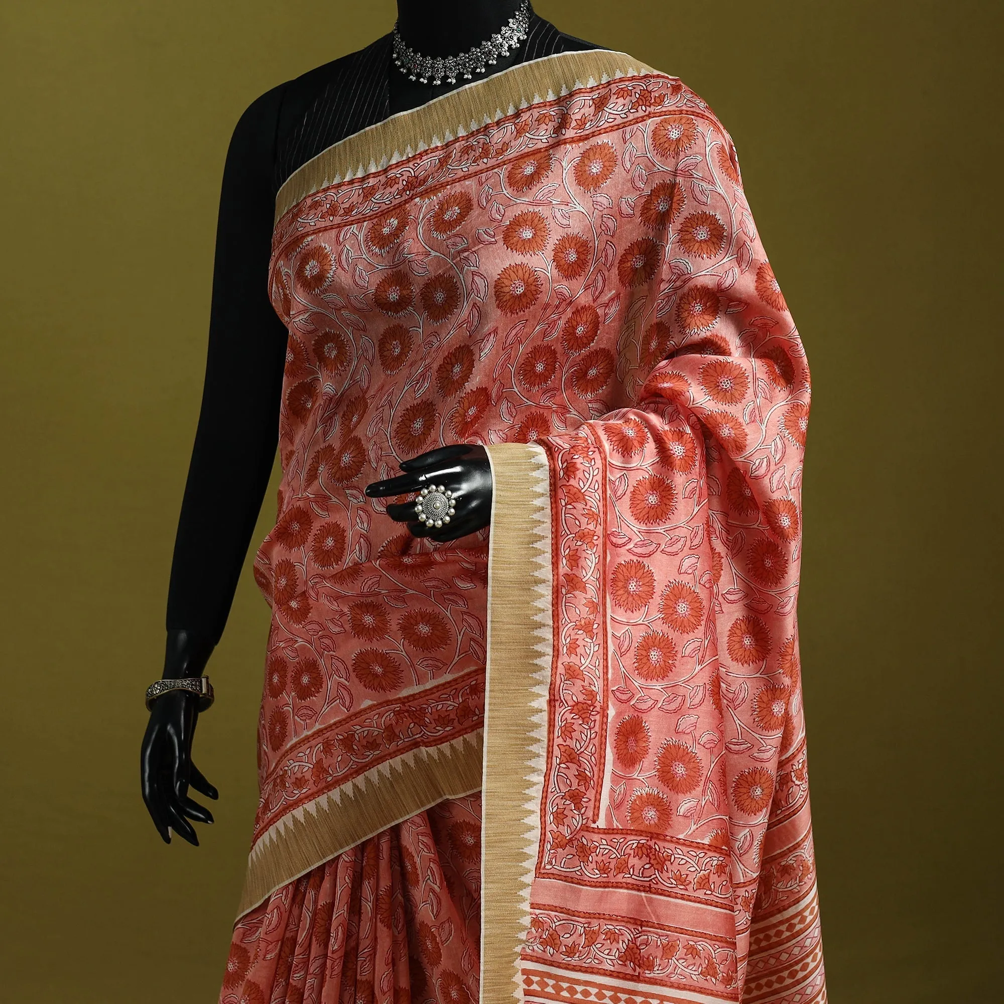 Pink - Chanderi Silk Hand Block Print Sanganeri Saree with Ghicha Border 27 sold by Itokri product image thumbnail 2