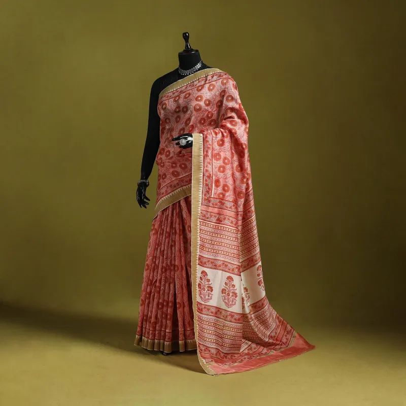 Pink - Chanderi Silk Hand Block Print Sanganeri Saree with Ghicha Border 27 sold by Itokri