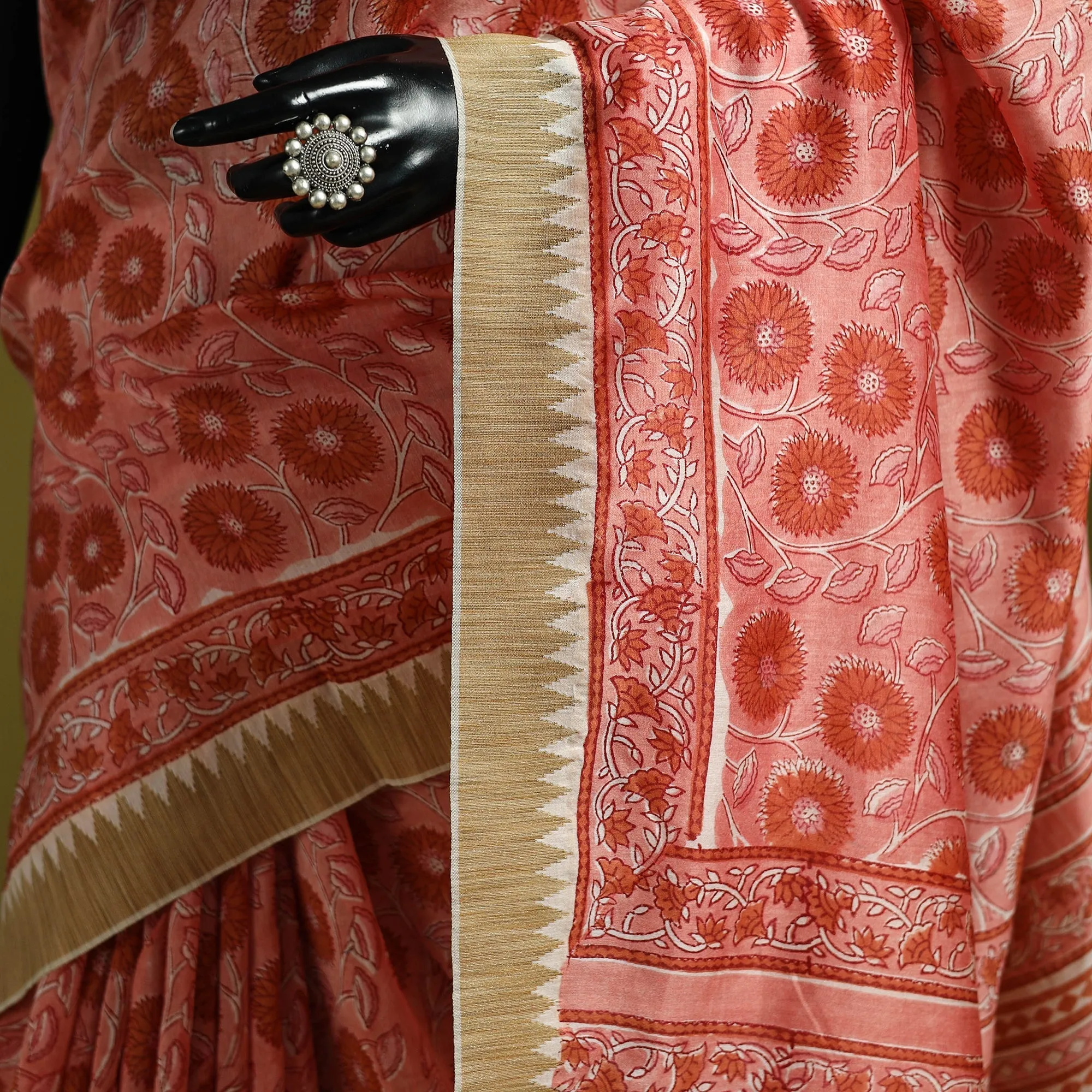 Pink - Chanderi Silk Hand Block Print Sanganeri Saree with Ghicha Border 27 sold by Itokri product image thumbnail 3