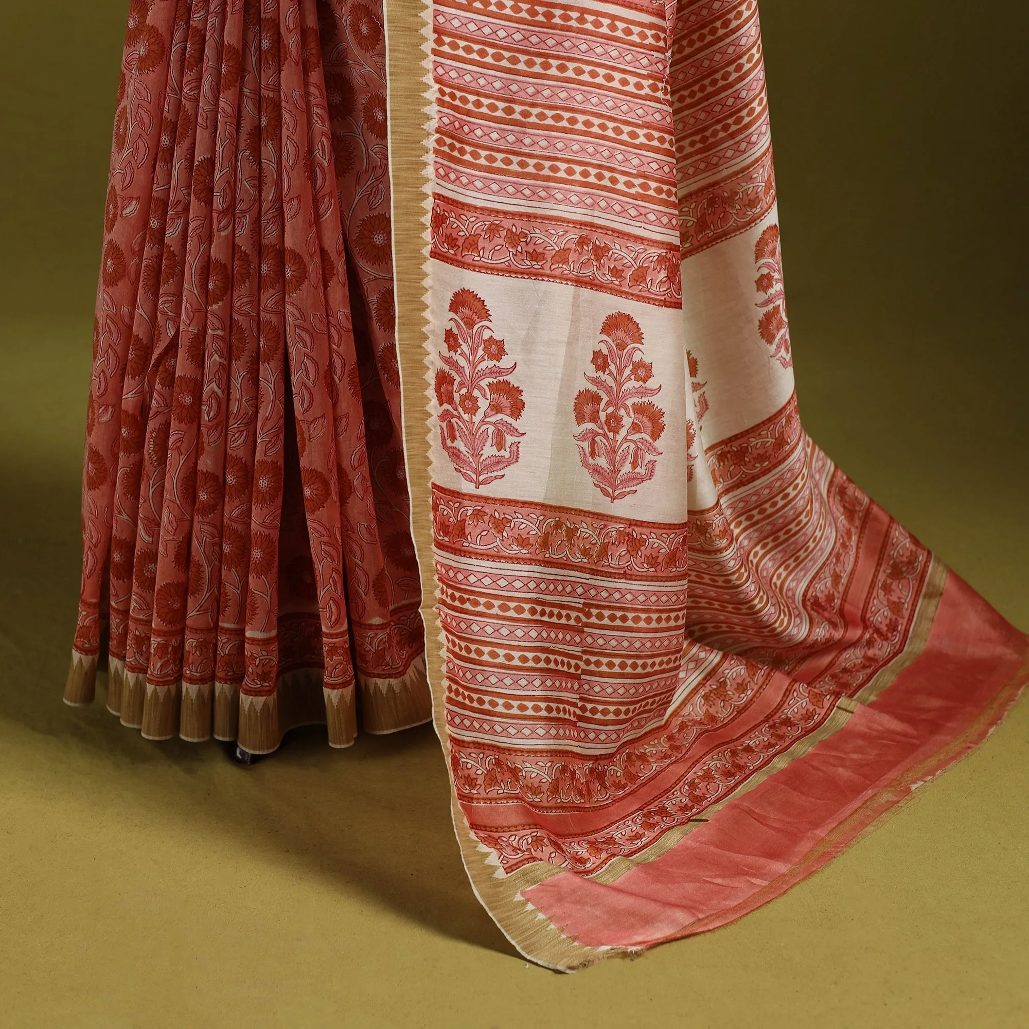 Pink - Chanderi Silk Hand Block Print Sanganeri Saree with Ghicha Border 27 sold by Itokri product image thumbnail 4