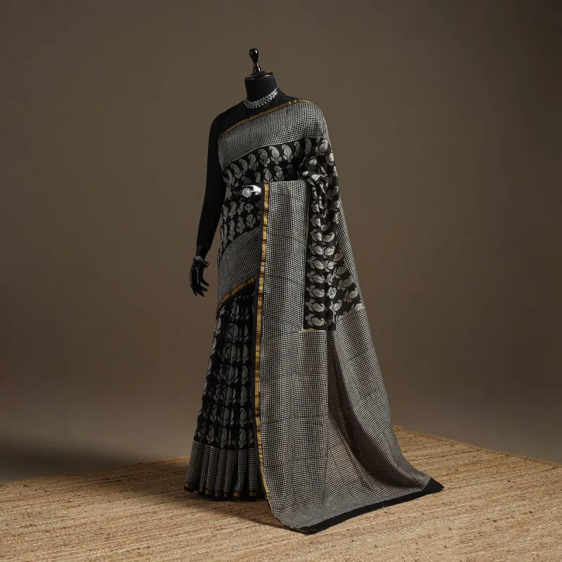 Black - Chanderi Silk Hand Block Print Bagru Saree with Zari Border 08 sold by Itokri